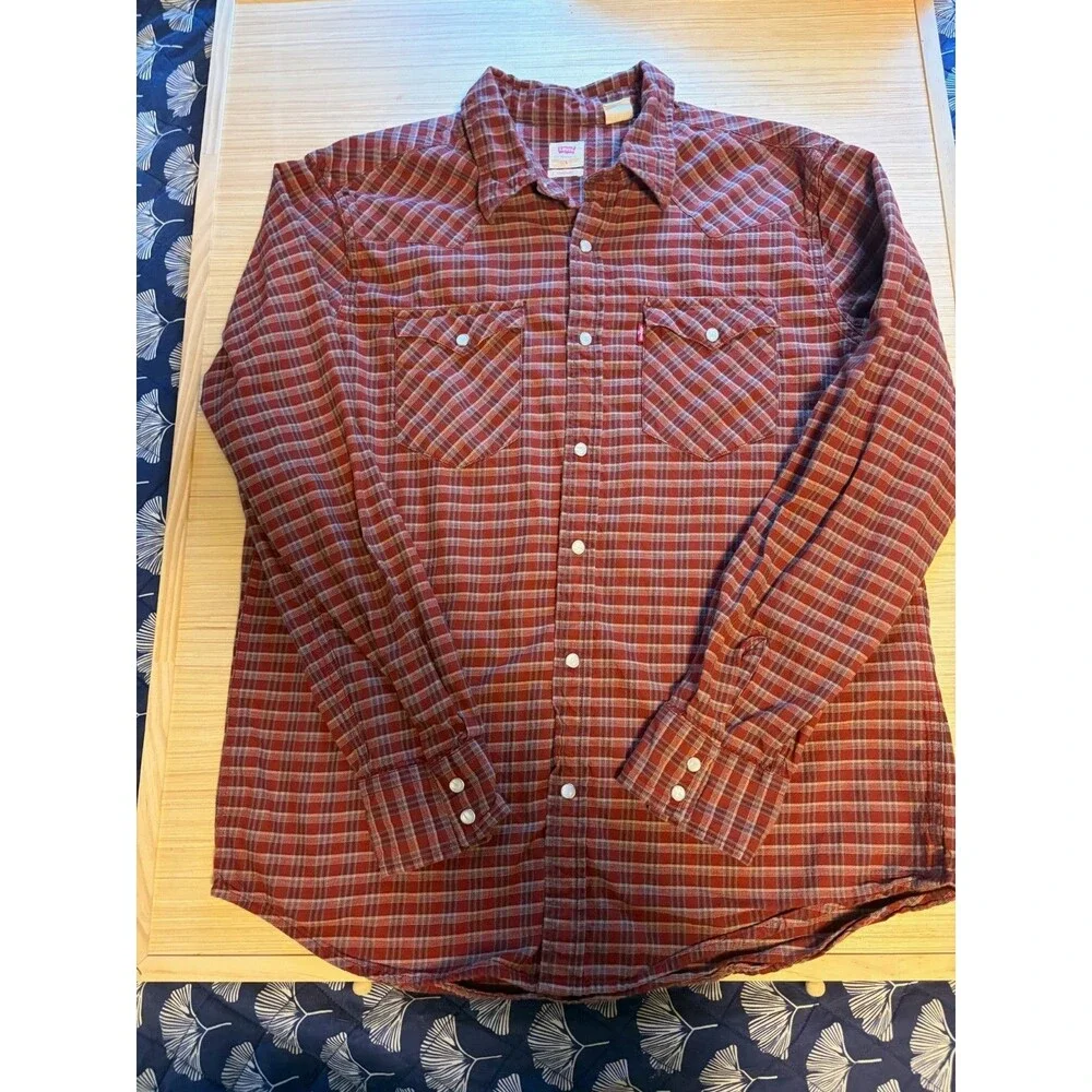 Levi's Men's L Red Plaid Western Pearl Snap Long Sleeve Cotton Shirt